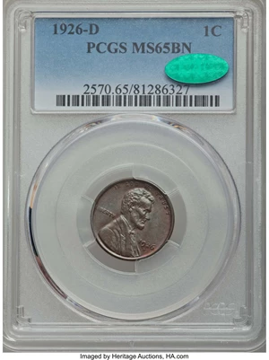 image for: 1926-D 1C MS65 Brown PCGS. CAC. PCGS Population: (7/0). NGC Census: (6/0). Mintage 28,020,000. ...