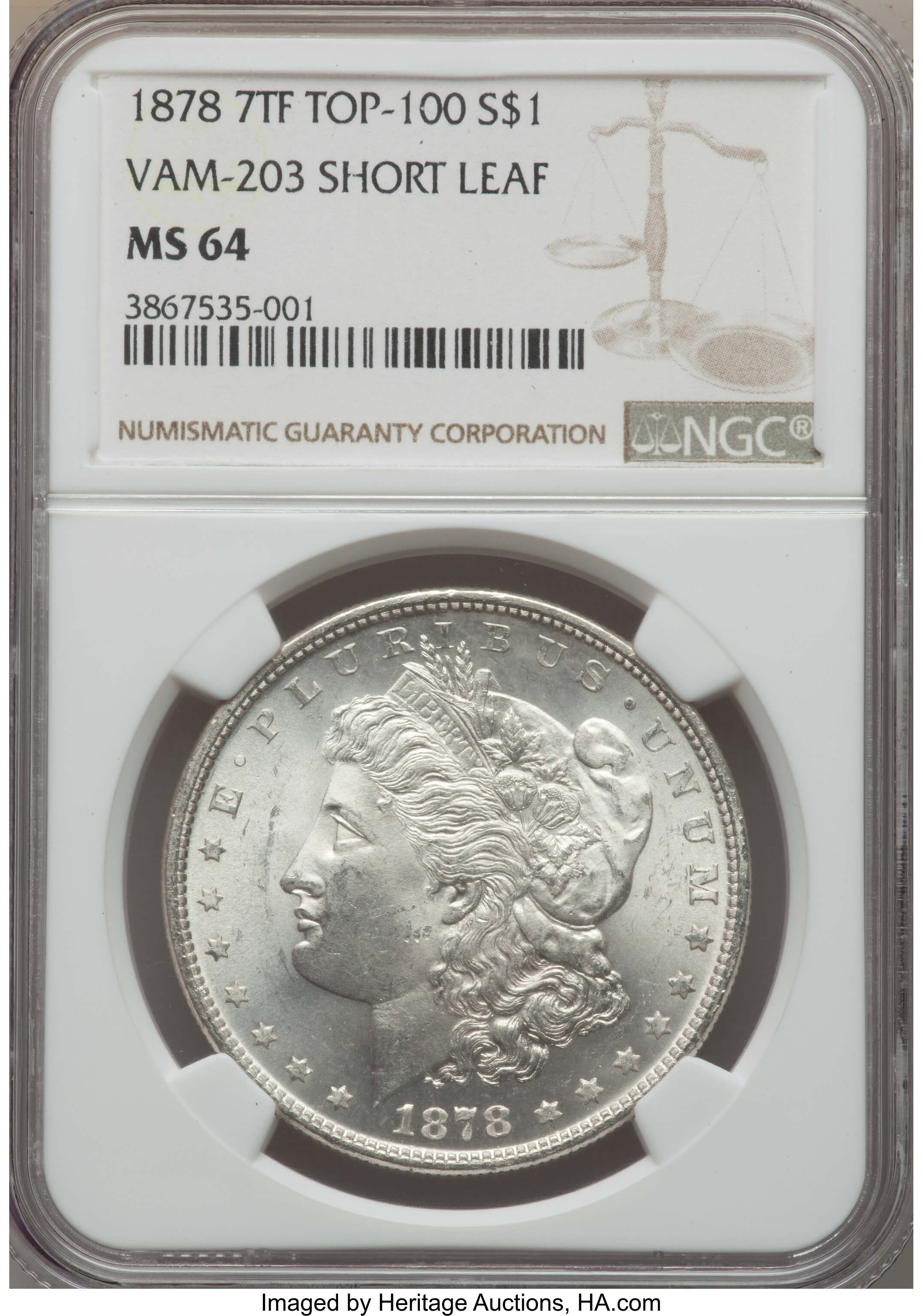 image for: 1878 7TF $1 Short Leaf, VAM-203, MS64 NGC. TOP-100. NGC Census: (0/0). PCGS Population: (0/0)....
