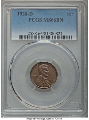 image for: 1928-D 1C MS66 Brown PCGS. PCGS Population: (1/0). NGC Census: (2/0). Mintage 31,170,000. ...