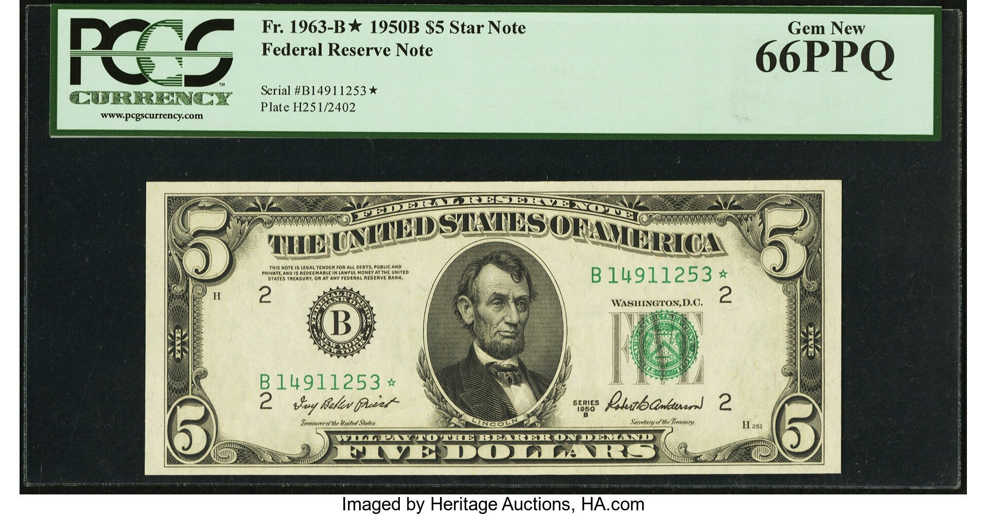 image for: Fr. 1963-B* $5 1950B Federal Reserve Star Note. PCGS Gem New 66PPQ....