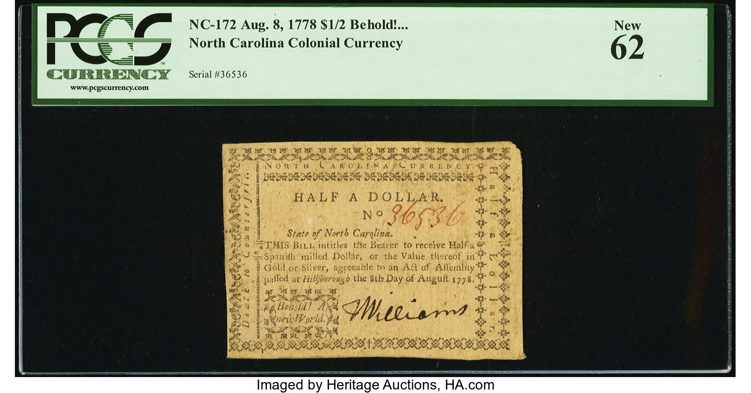 image for: North Carolina August 8, 1778 $1/2 Behold! A New World PCGS New 62....