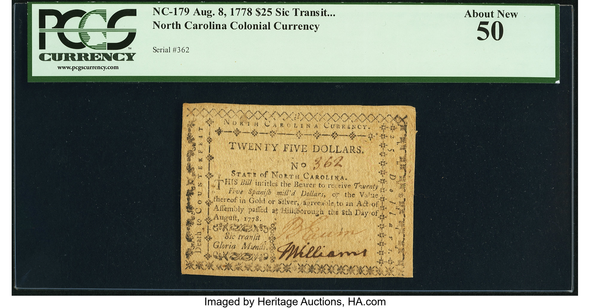 image for: North Carolina August 8, 1778 $25 Sic Transit Gloria Mundi PCGS About New 50....