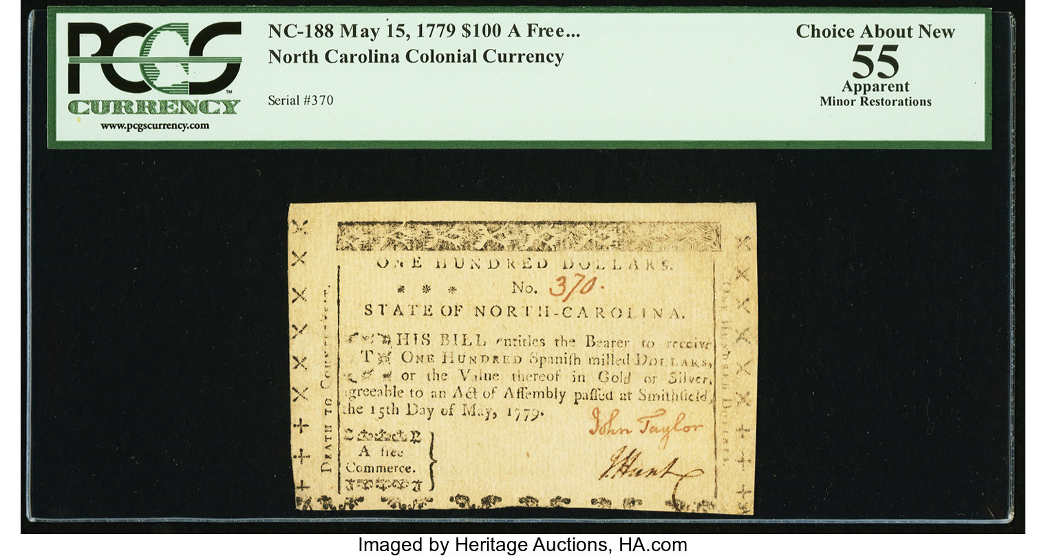 image for: North Carolina May 15, 1779 $100 A Free Commerce PCGS Apparent Choice About New 55....