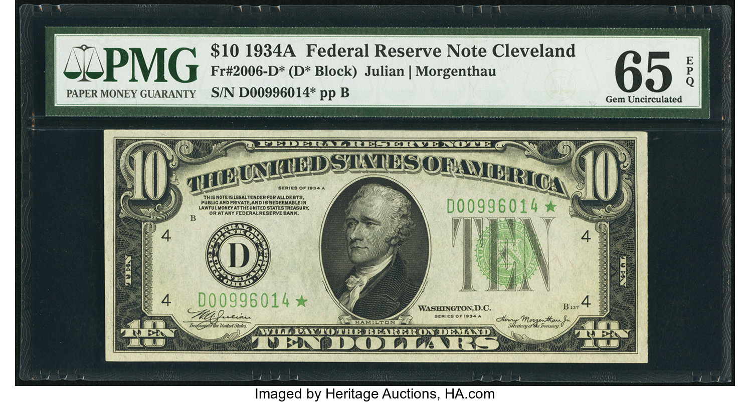 image for: Fr. 2006-D* $10 1934A Federal Reserve Note. PMG Gem Uncirculated 65 EPQ....