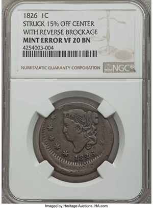 image for: 1826 1C N-9, R.3 -- Struck 15% Off Center with Reverse Brockage -- VF20 NGC....