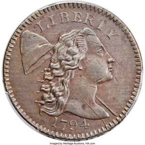 image for: 1794 1C Head of 1794, S-46, B-36, R.3, XF45 Bland, XF40 Noyes; AU53 PCGS Secure. ...