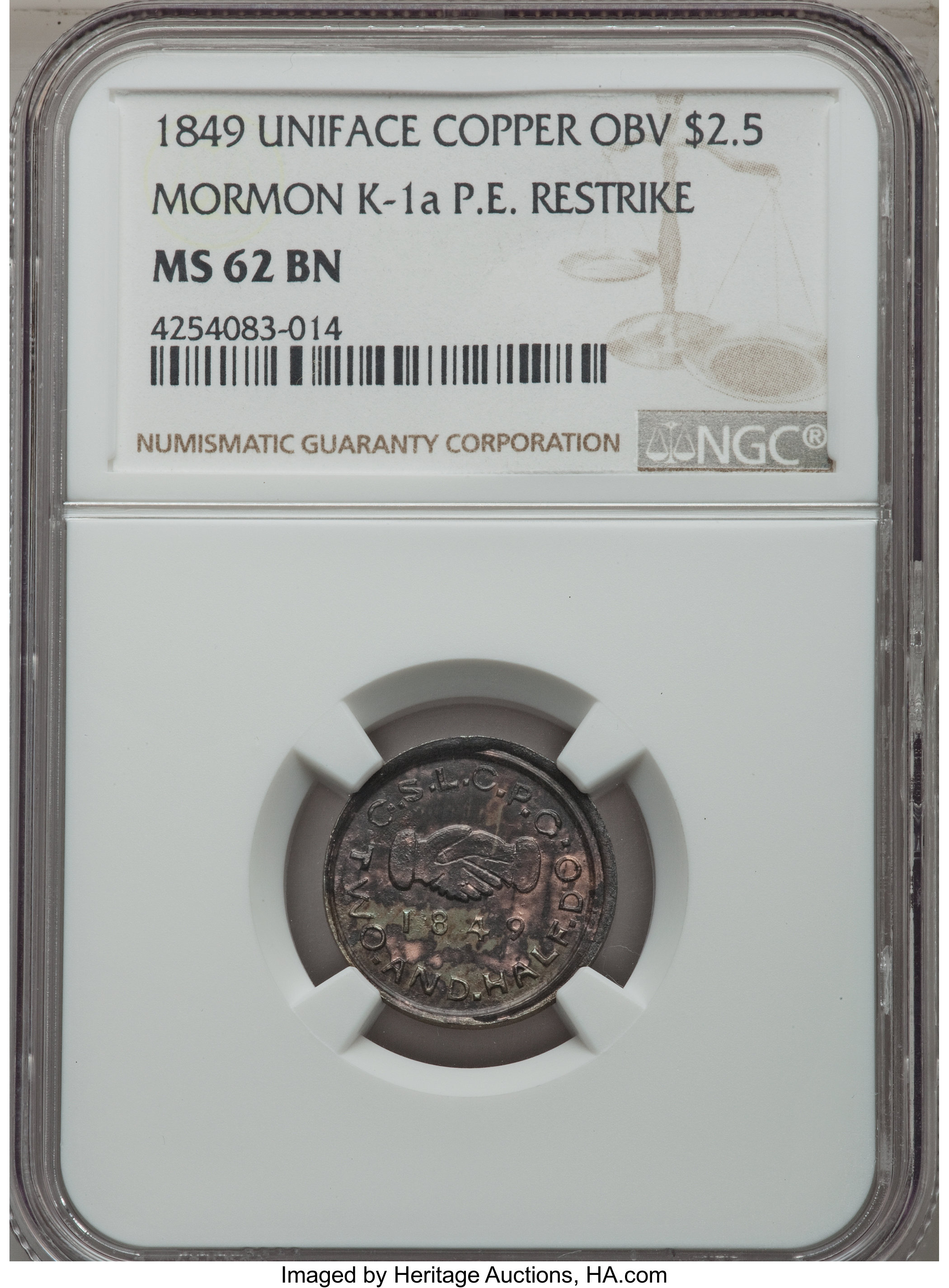 image for: 1849 $2 1/2 Mormon Quarter Eagle, Uniface Copper Restrike, Plain Edge, K-1a, Low R.7, MS62 Brown NGC....