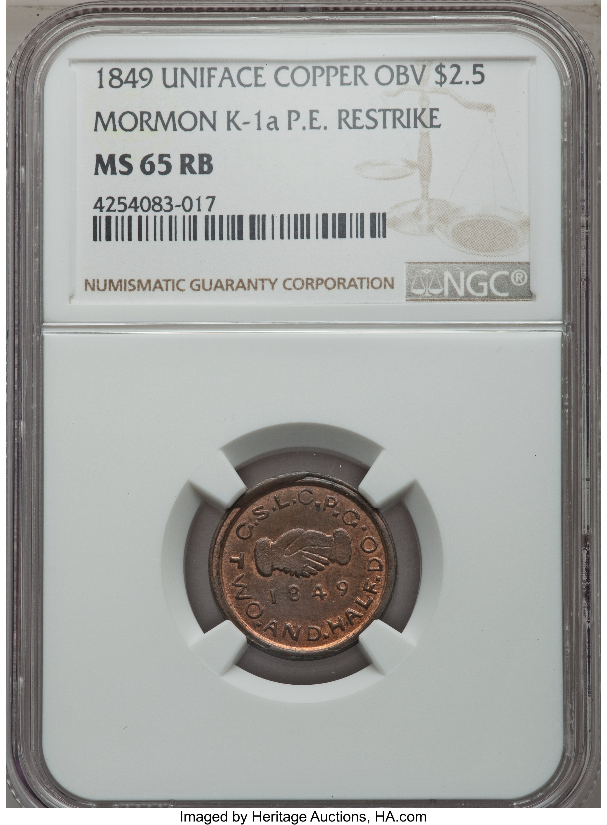 image for: 1849 $2 1/2 Mormon Quarter Eagle, Uniface Copper Restrike, Plain Edge, K-1a, Low R.7, MS65 Red and Brown NGC....