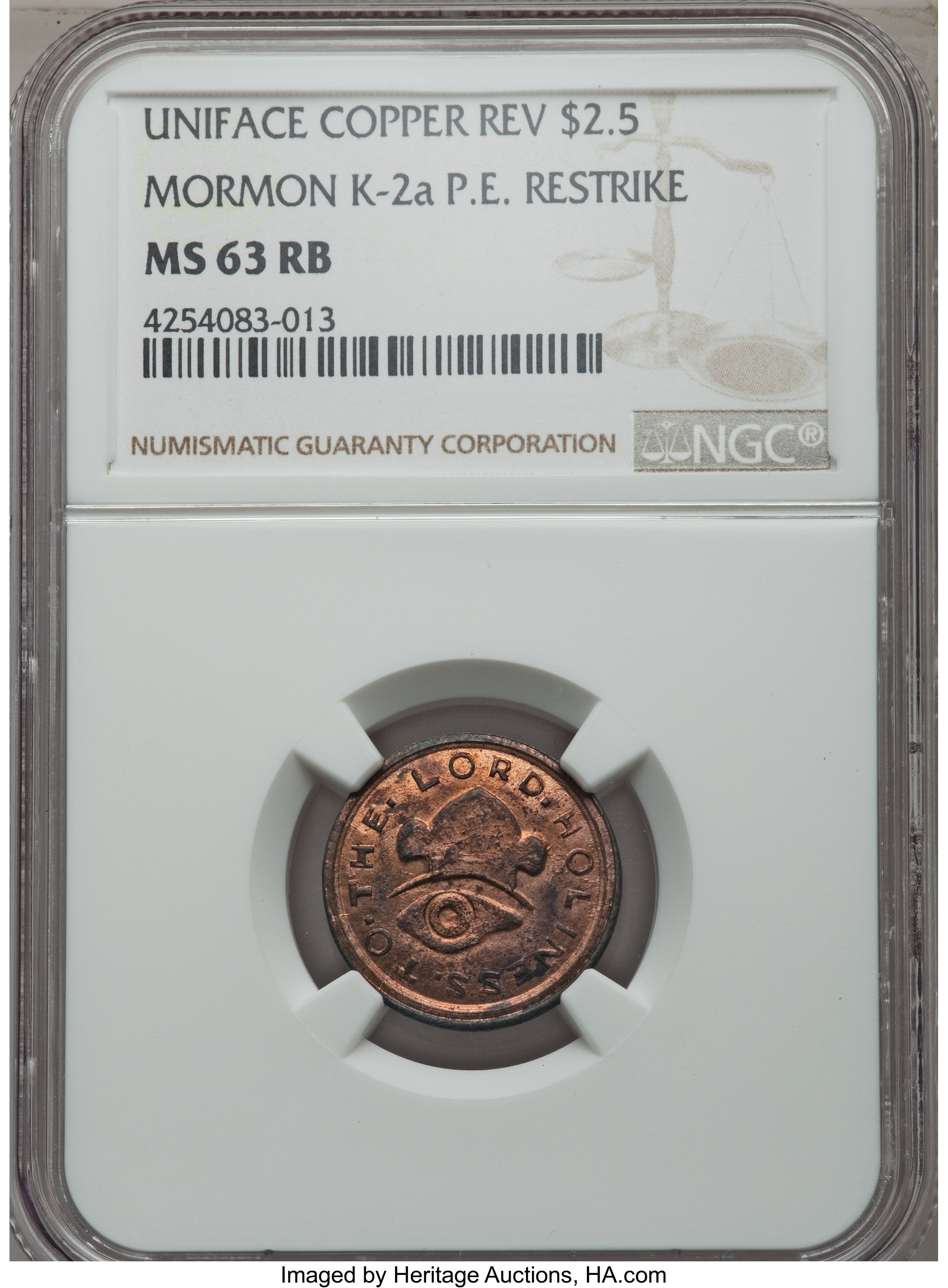 image for: 1849 $2 1/2 Mormon Quarter Eagle, Uniface Copper Restrike, Plain Edge, K-2a, R.7, MS63 Red and Brown NGC....