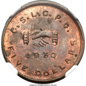 image for: 1850 $5 Mormon Five Dollar, Uniface Copper Restrike, Plain Edge, K-7, R.7, MS63 Red and Brown NGC....