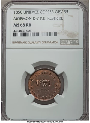 image for: 1850 $5 Mormon Five Dollar, Uniface Copper Restrike, Plain Edge, K-7, R.7, MS63 Red and Brown NGC....