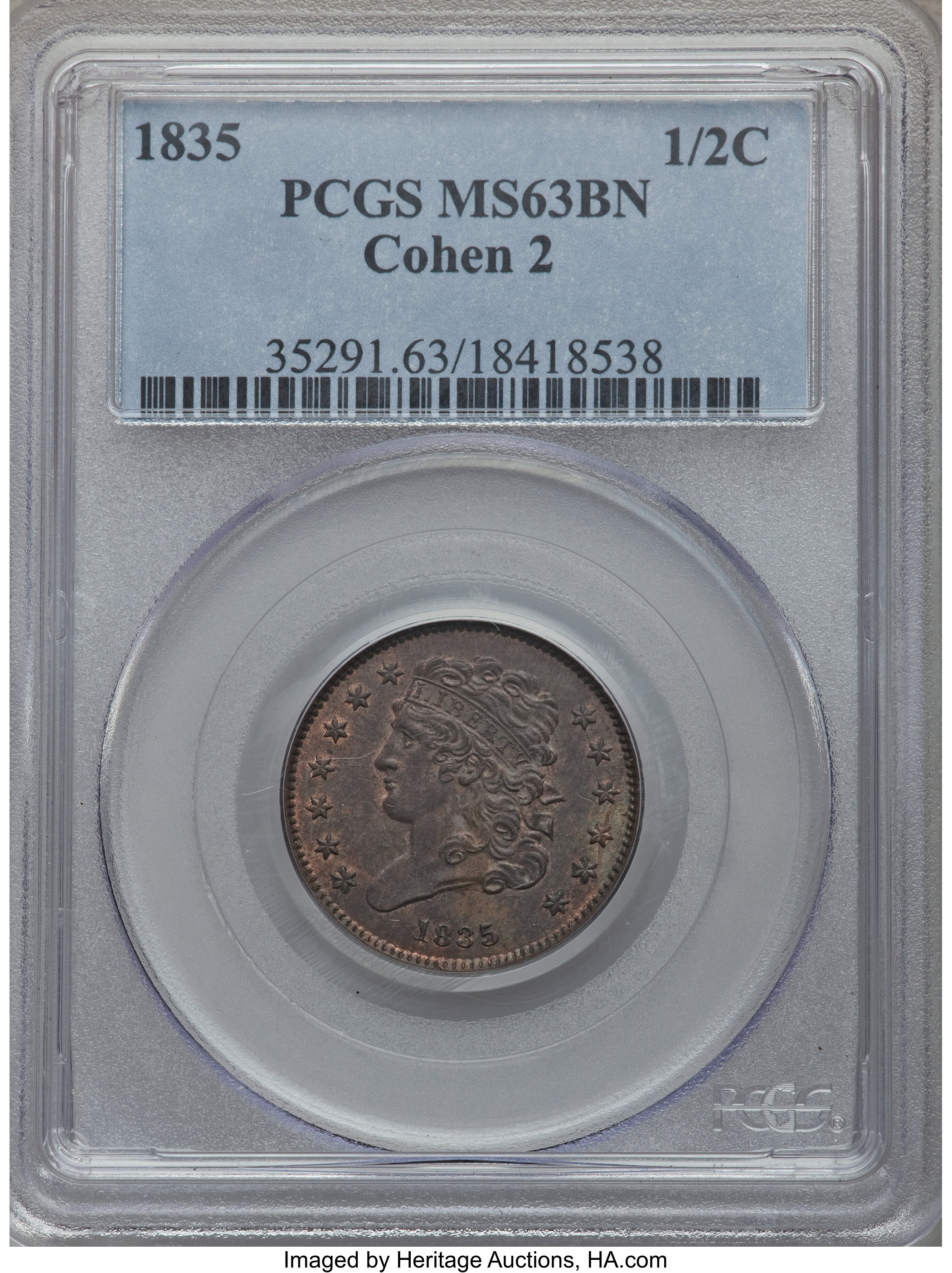 1835 1/2 C C-2, B-2, R.1, MS63 Brown PCGS. PCGS Population (2/2). NGC Census: (3/9). Mintage: 398,000. CDN Wsl. Price for p...