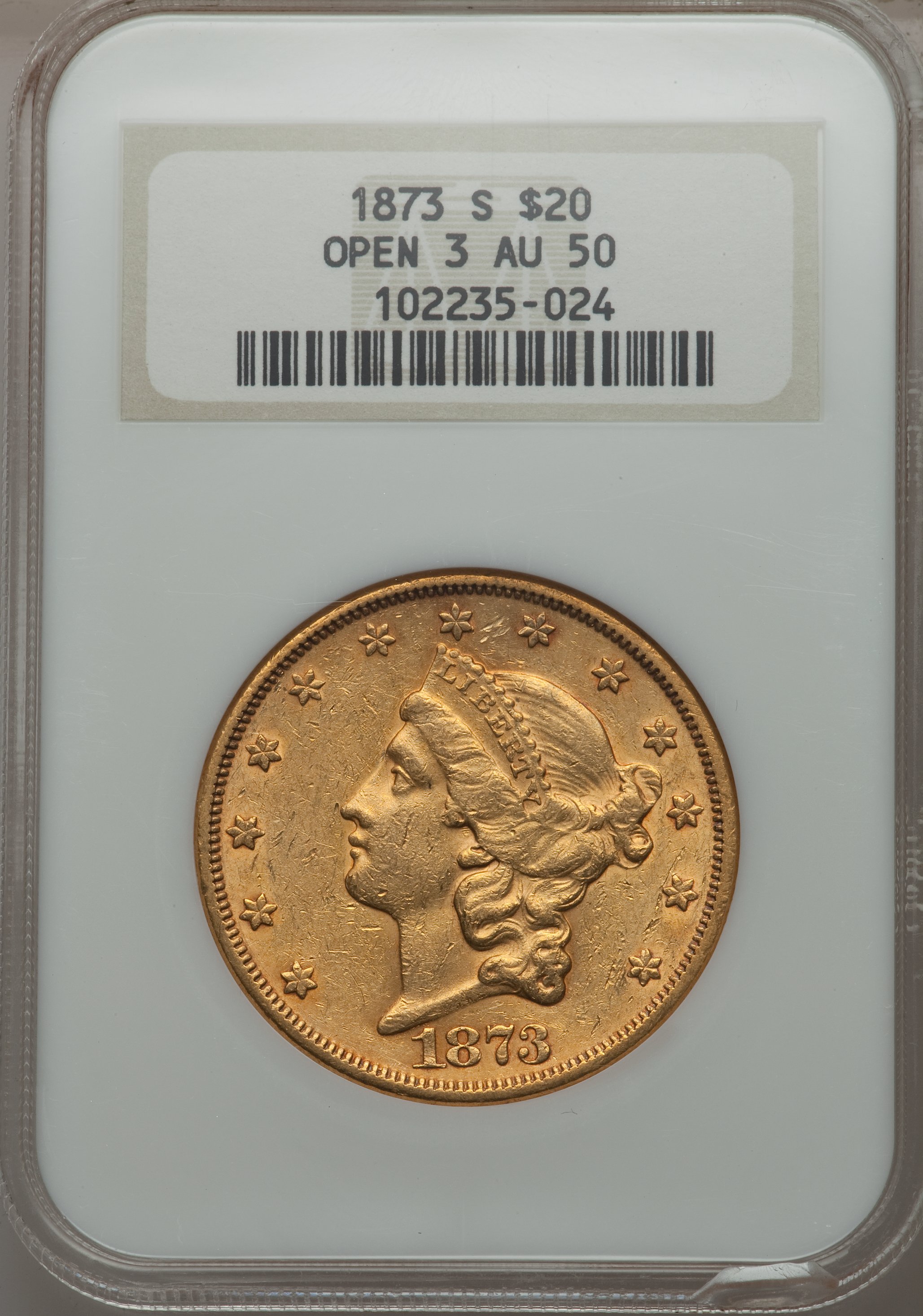 1873-S $20 Open 3 AU50 NGC. NGC Census: (72/700). PCGS Population (41/256). CDN Wsl. Price for problem free NGC/PCGS coin ...