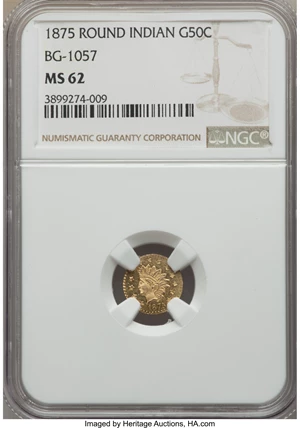 image for: 1875 50C Indian Round 50 Cents, BG-1057, High R.5, MS62 NGC. NGC Census: (4/3). PCGS Population (7/19). ...