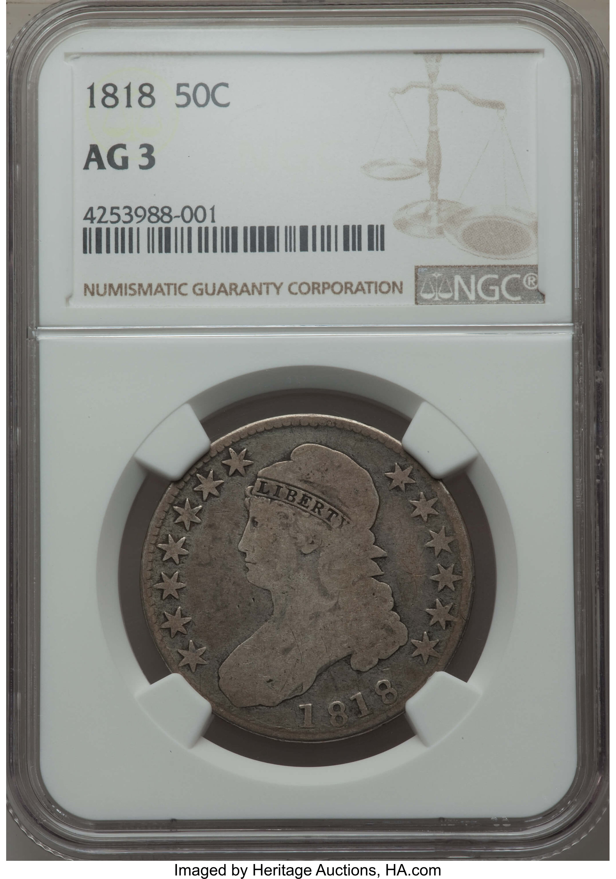 1818 50C AG3 NGC. This lot also includes the following coins: (2)1836 50C Lettered Edge AG3 NGC. ... (Total: 3 coins)