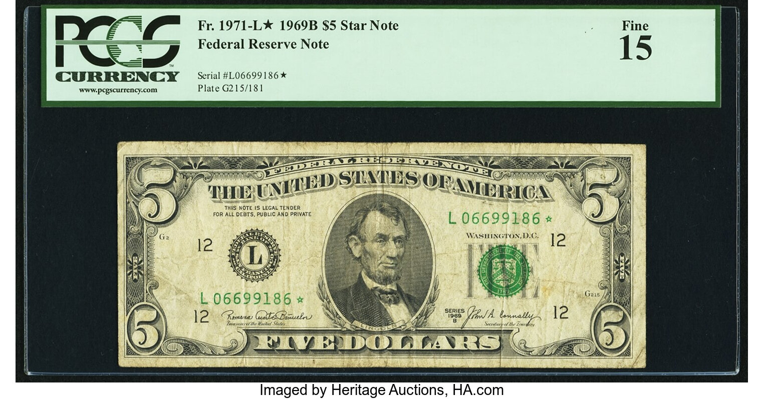 image for: Fr. 1971-L* $5 1969B Federal Reserve Star Note. PCGS Fine 15....