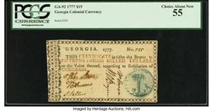 image for: Georgia 1777 $15 PCGS Choice About New 55....