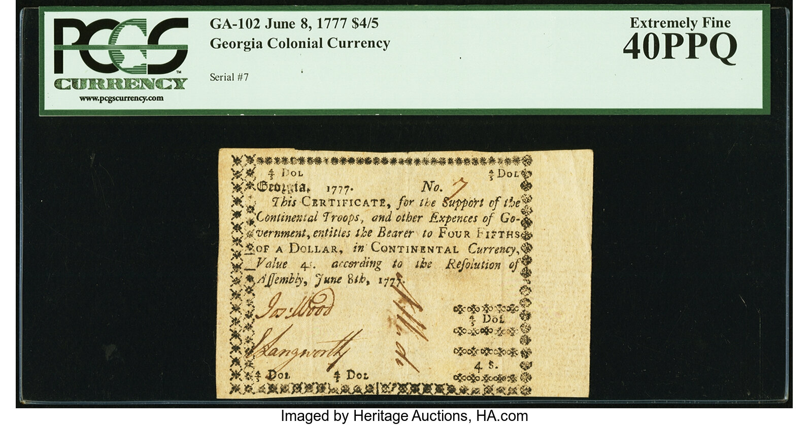 image for: Georgia June 8, 1777 $4/5 PCGS Extremely Fine 40PPQ....
