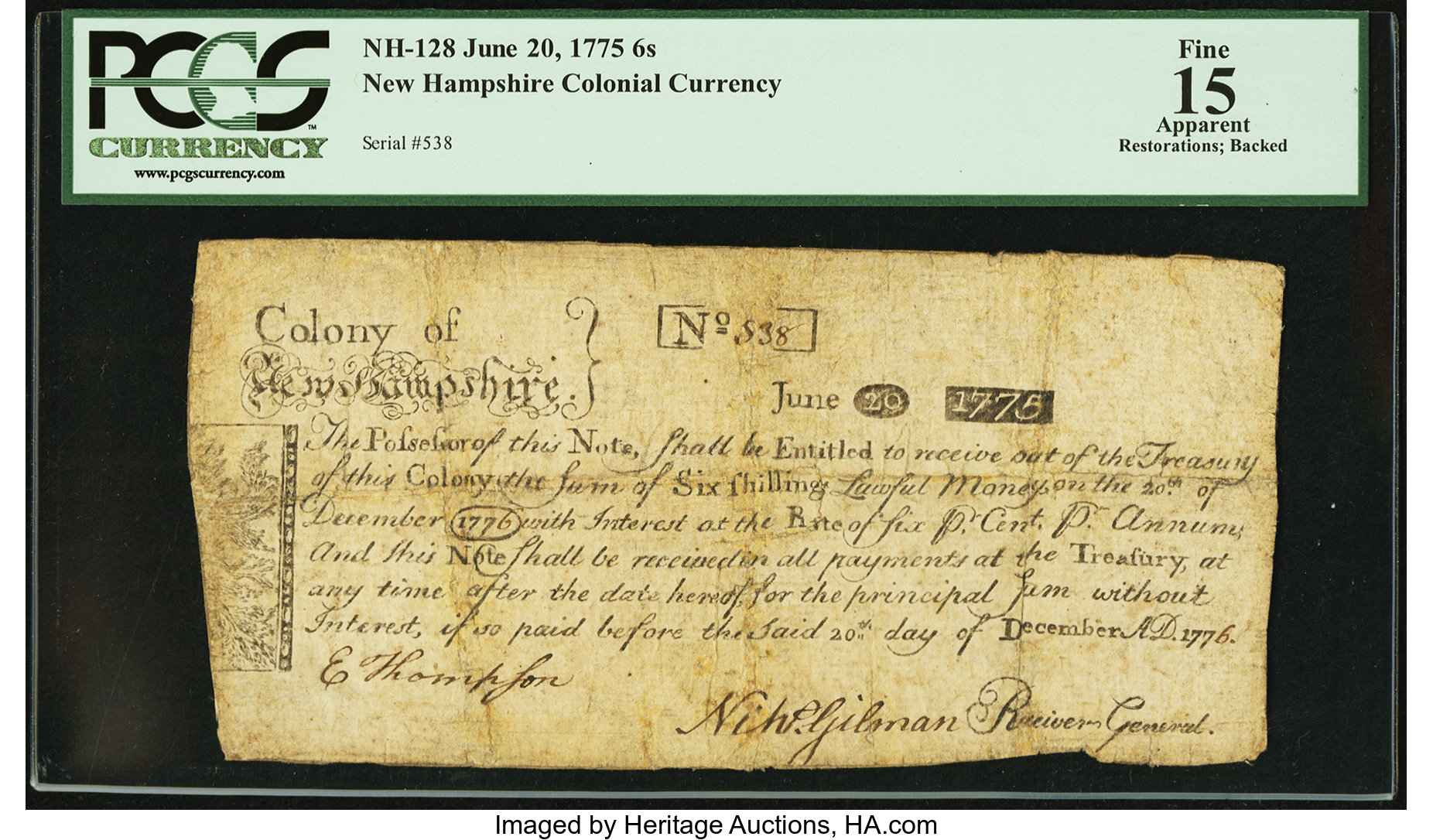 image for: New Hampshire June 20, 1775 6s PCGS Apparent Fine 15....