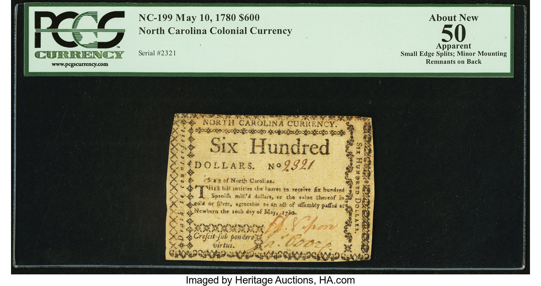 image for: North Carolina May 10, 1780 $600 Crescit Sub Pondere Virtus PCGS Apparent About New 50....