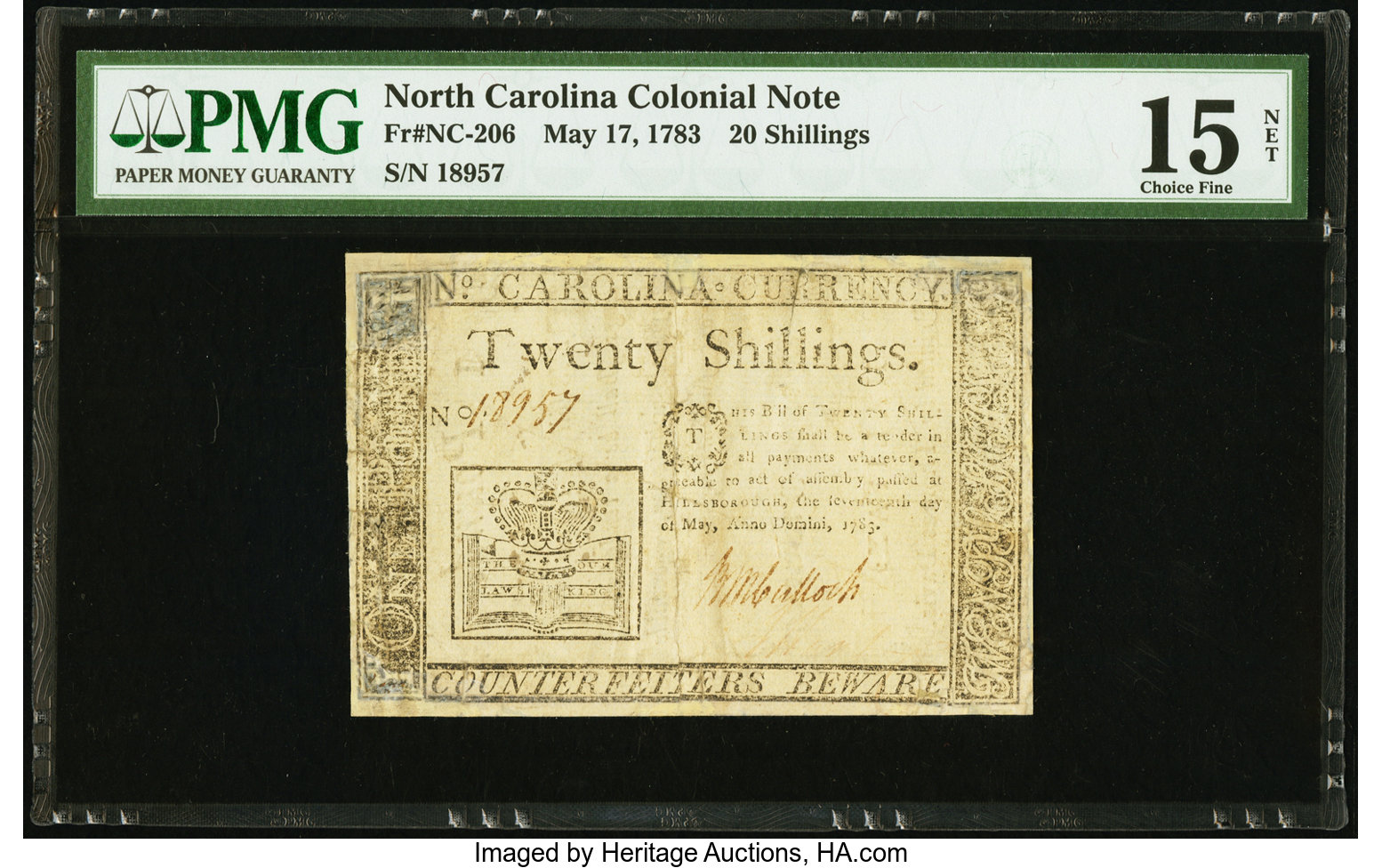 image for: North Carolina May 17, 1783 20s PMG Choice Fine 15 Net....