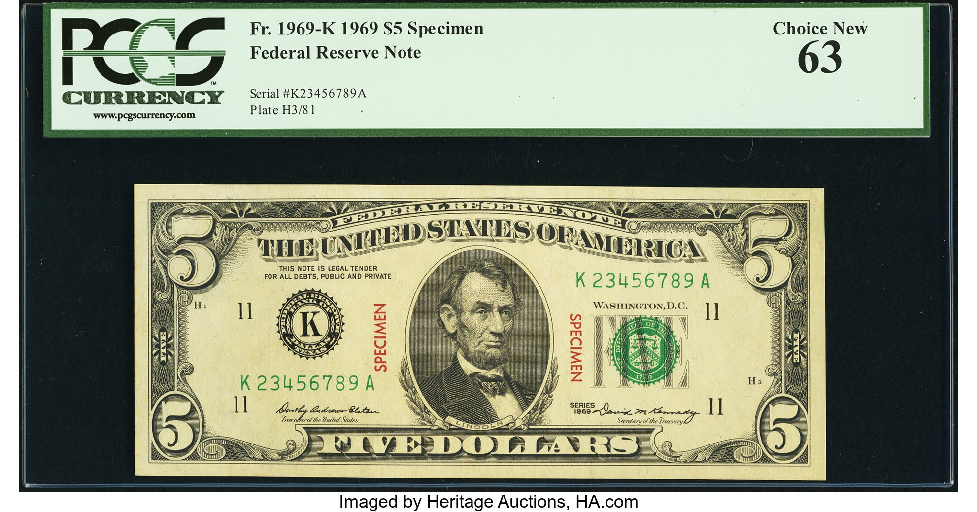 image for: Specimen Fr. 1969-K $5 1969 Federal Reserve Note. PCGS Choice New 63....