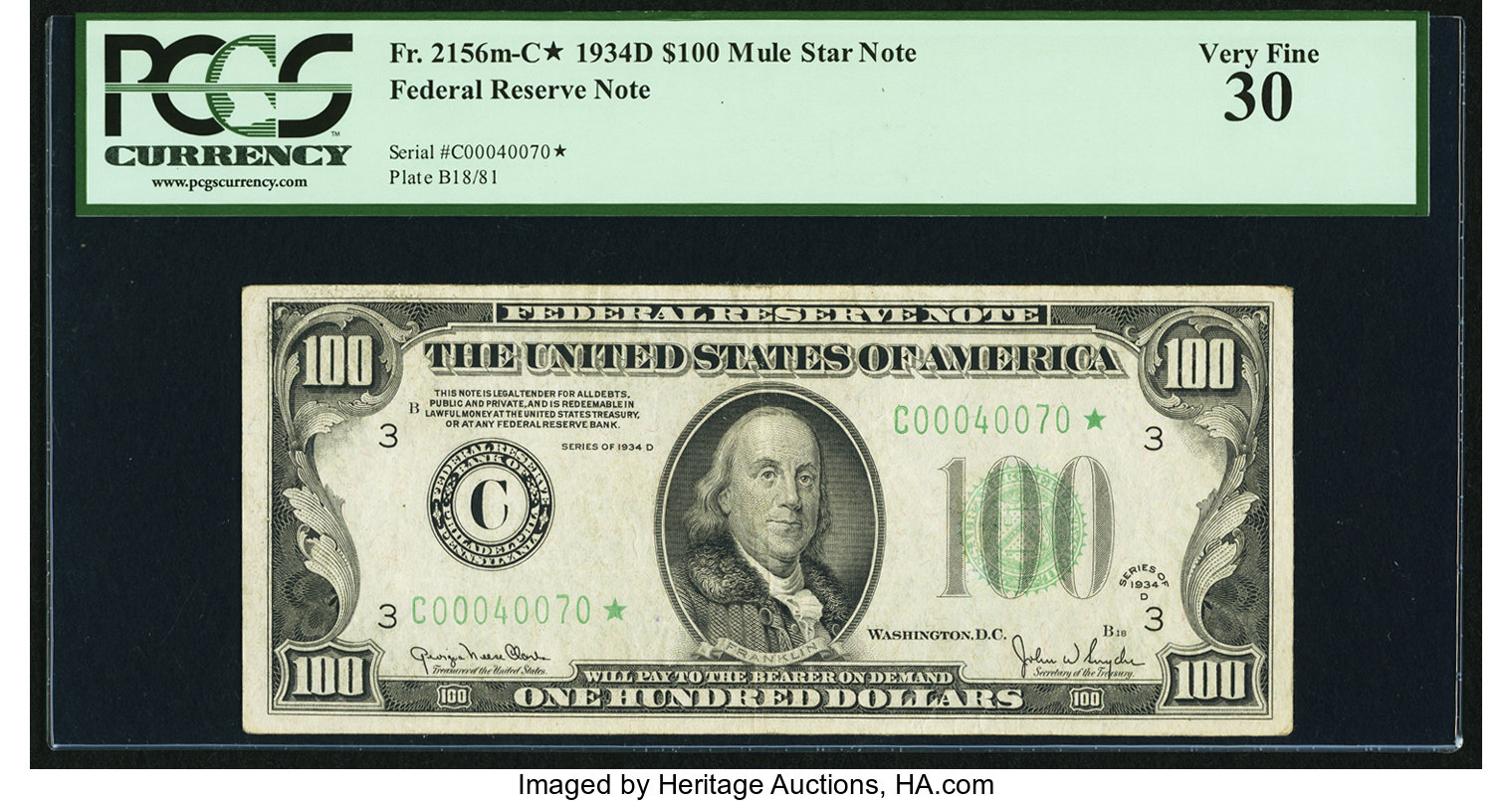 image for: Fr. 2156-C* $100 1934D Mule Federal Reserve Note. PCGS Very Fine 30....