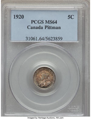 image for: George V 5 Cents 1920 MS64 PCGS
