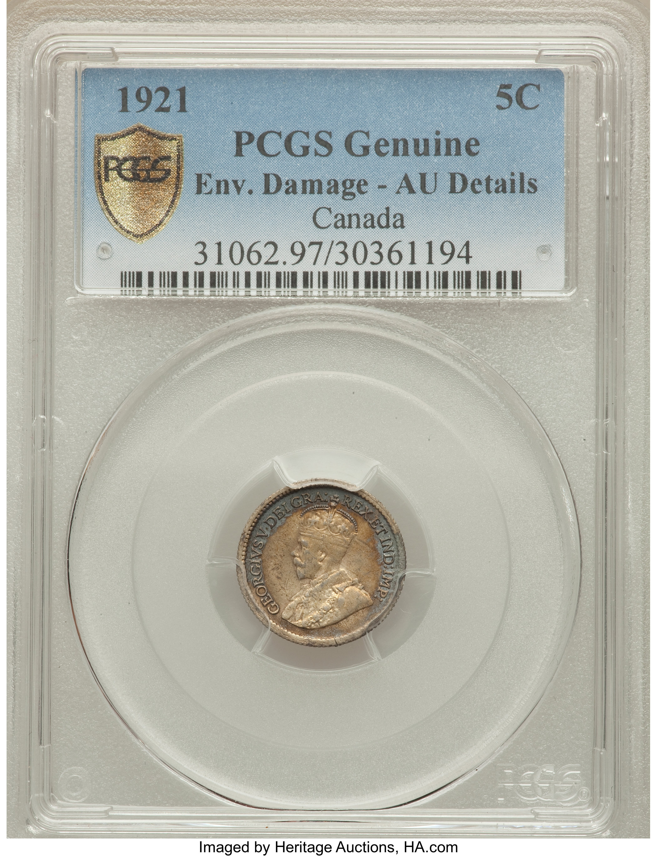 image for: George V 5 Cents 1921 AU Details (Environmental Damage) PCGS
