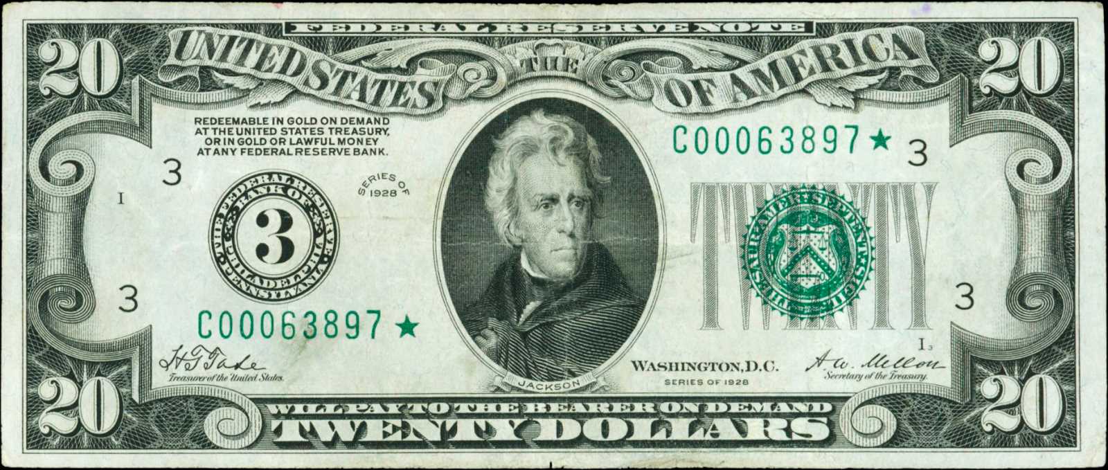image for: Fr. 2050-C*. 1928 $20  Federal Reserve Star Note.  Philadelphia. Very Fine.