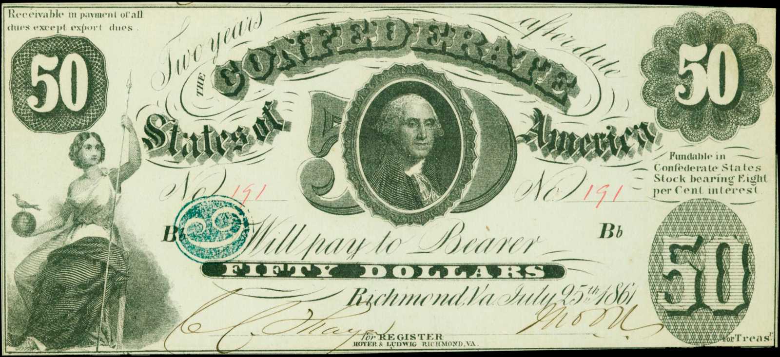 image for: T-8. Confederate Currency. 1861 $50. PCGS Choice New 63 PPQ.