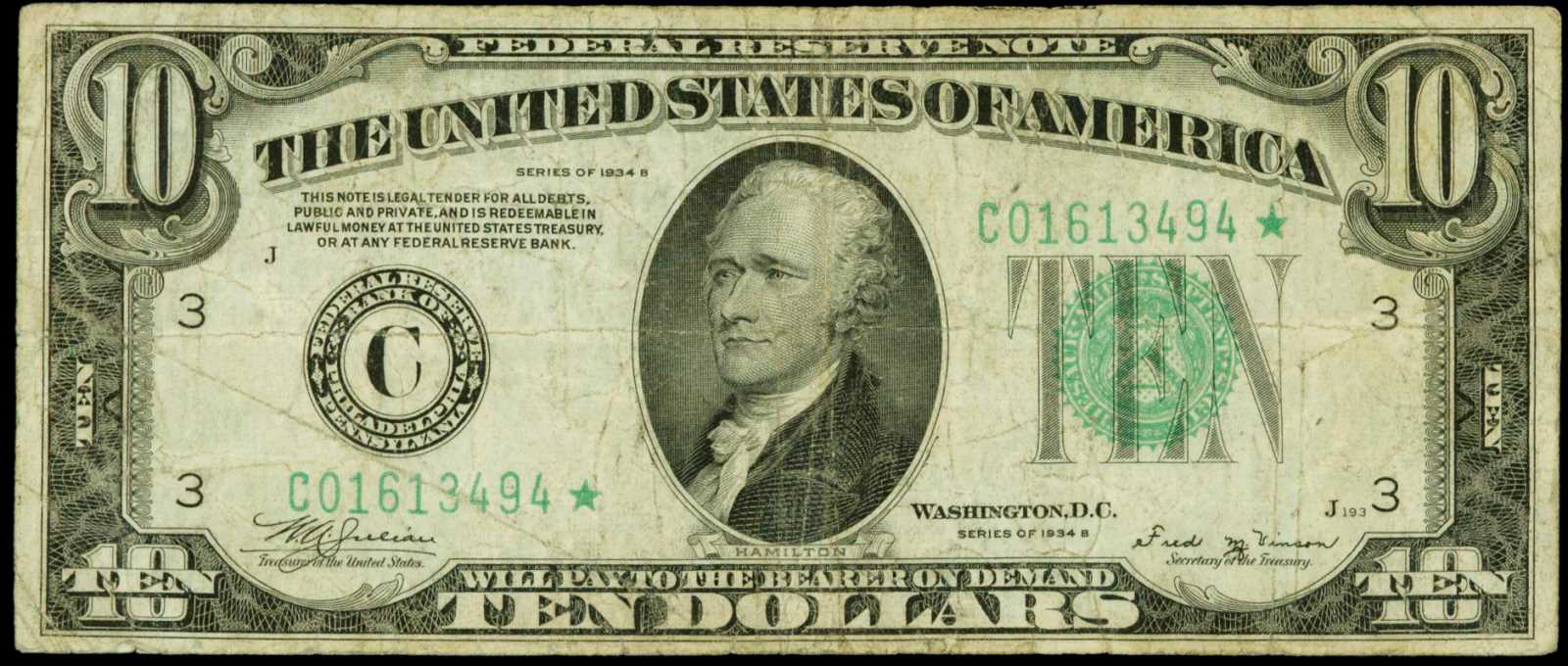image for: Fr. 2007-C*. 1934B $10  Federal Reserve Star Note.  Philadelphia. PCGS Fine 15.