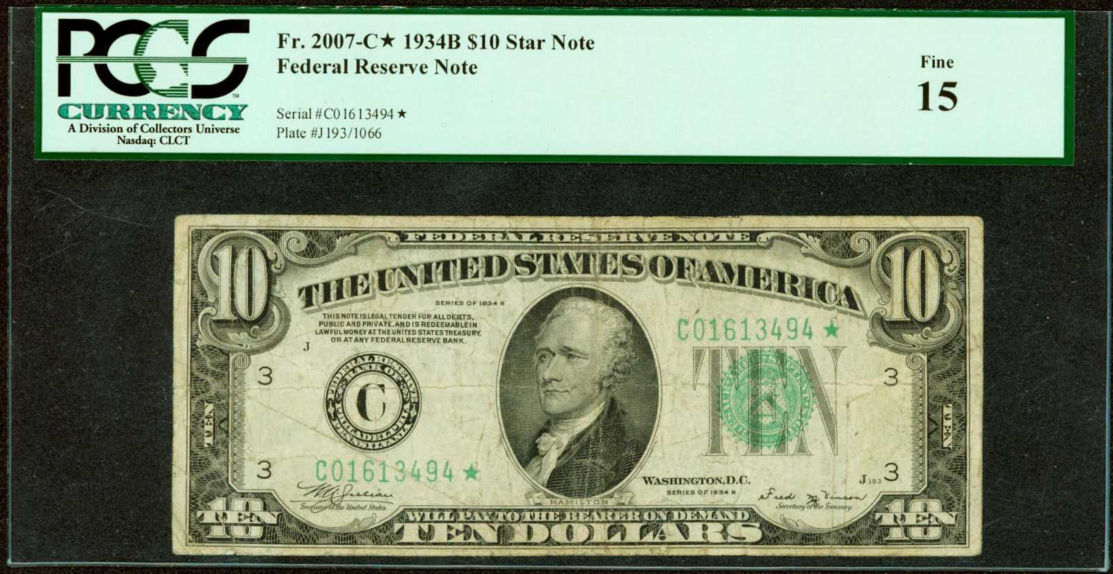 image for: Fr. 2007-C*. 1934B $10  Federal Reserve Star Note.  Philadelphia. PCGS Fine 15.