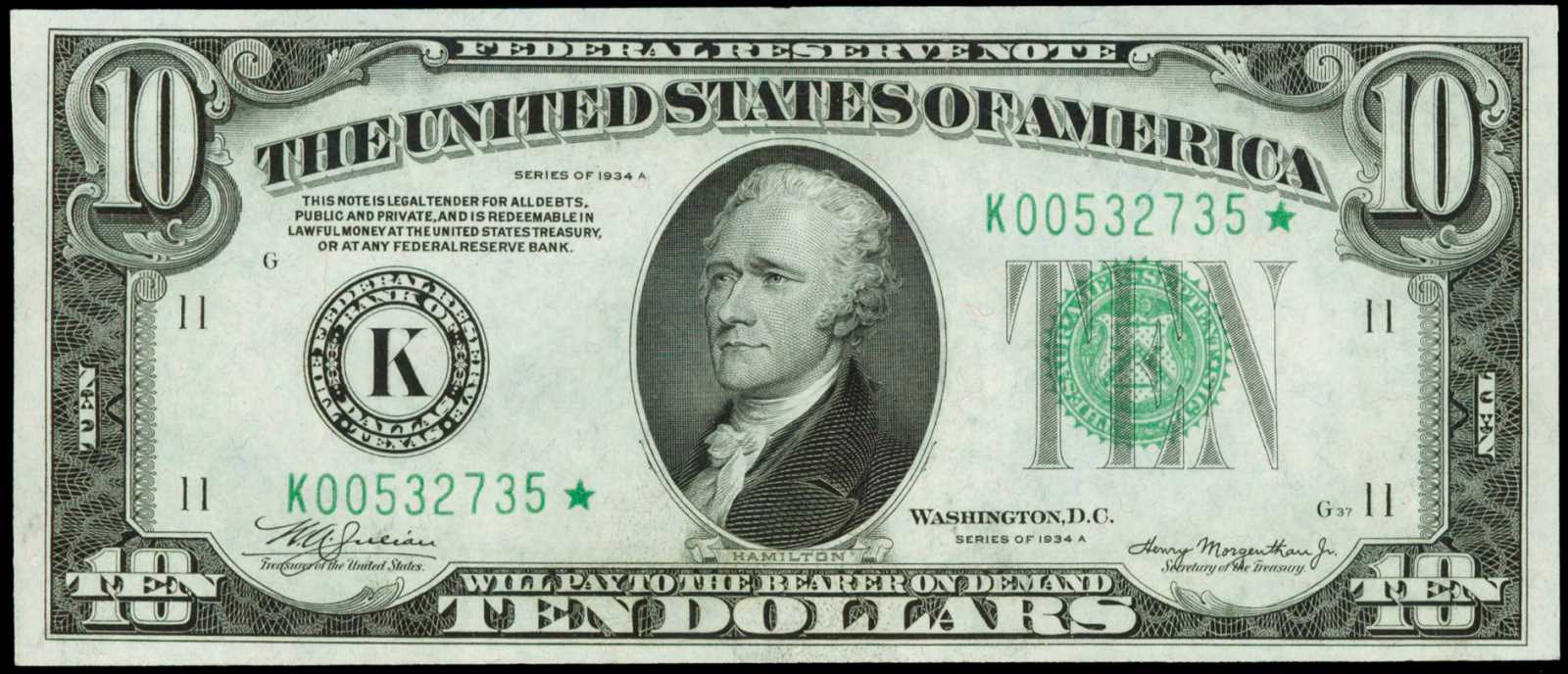 image for: Fr. 2006-K*. 1934A $10 Federal Reserve Star Note.  Dallas. PMG Choice About Uncirculated 58.