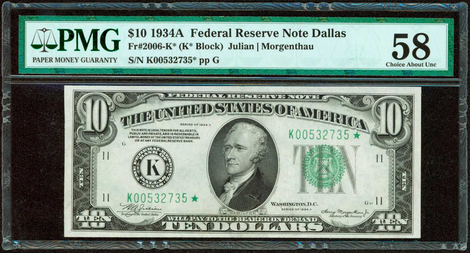 image for: Fr. 2006-K*. 1934A $10 Federal Reserve Star Note.  Dallas. PMG Choice About Uncirculated 58.