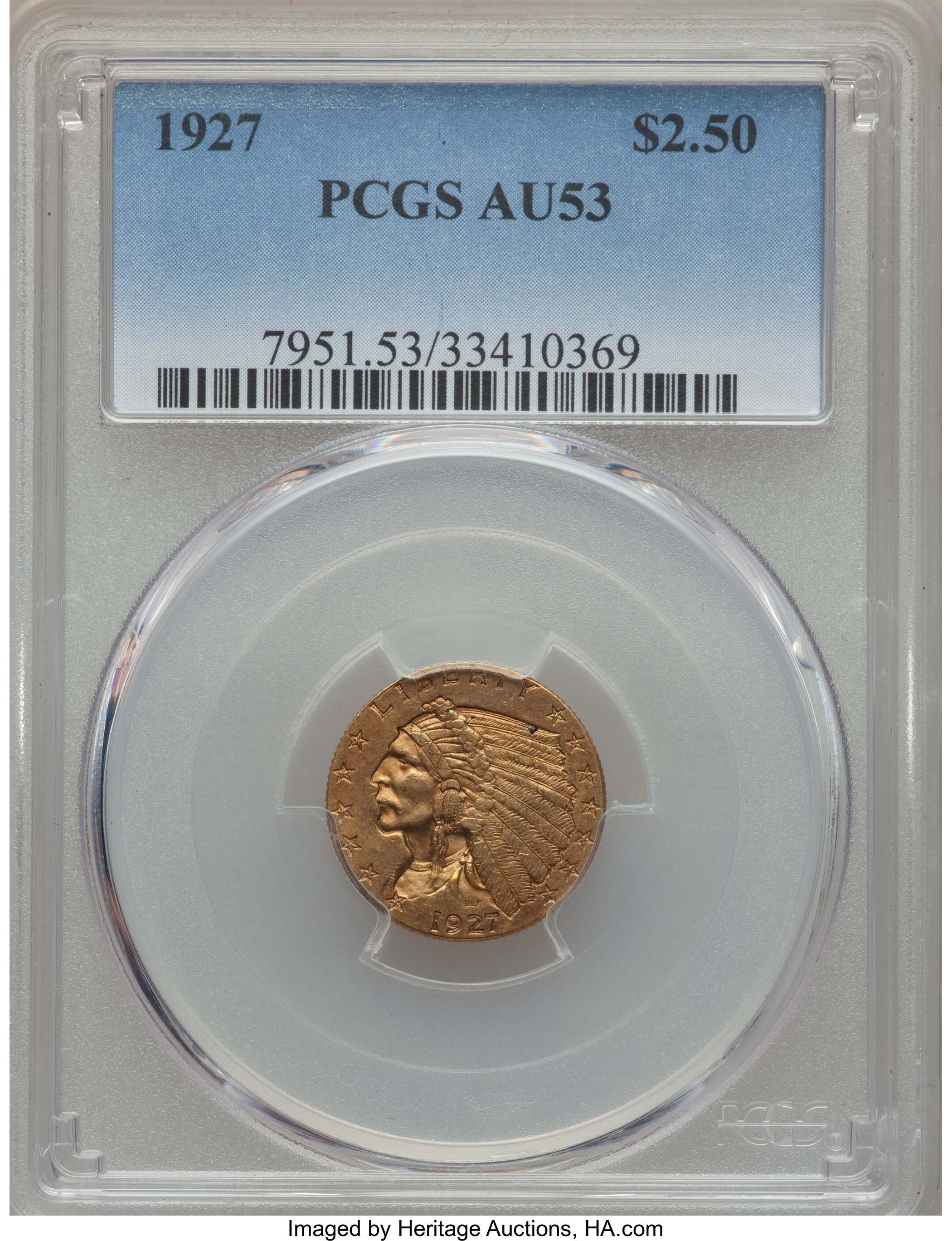 1927 $2 1/2 AU53 PCGS. PCGS Population: (50/10383). NGC Census: (7/15339). Mintage 388,000. ...