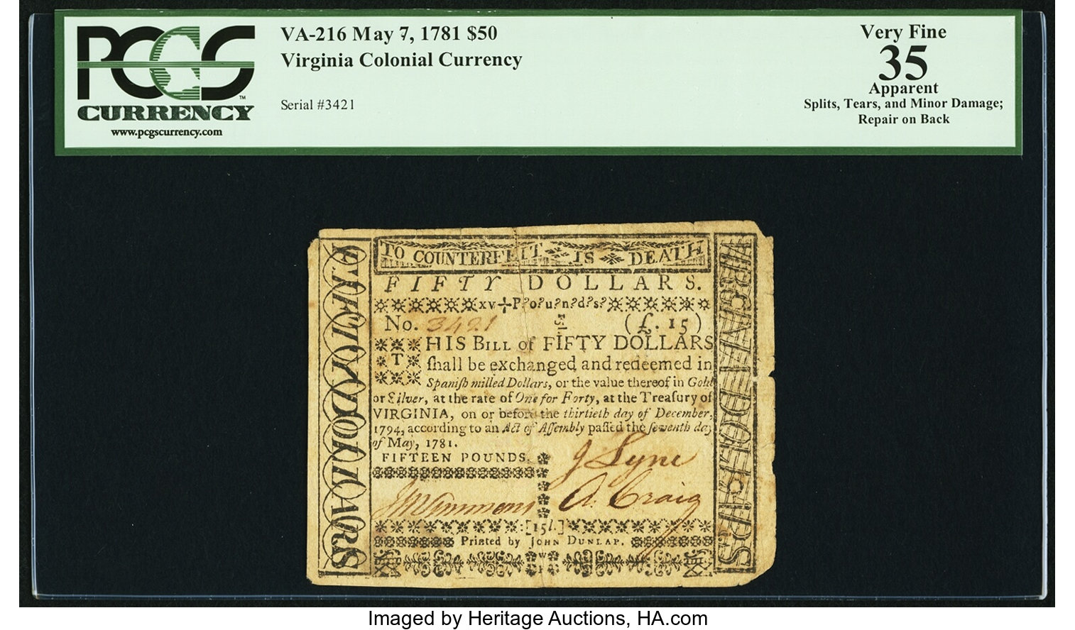 image for: Virginia May 7, 1781 $50 PCGS Apparent Very Fine 35....