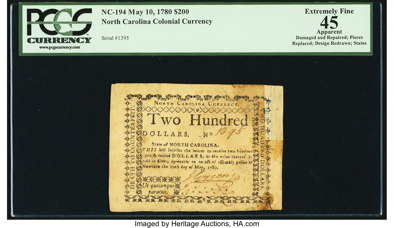 image for: North Carolina May 10, 1780 $200 Ut Quocunque Paratus PCGS Apparent Extremely Fine 45....