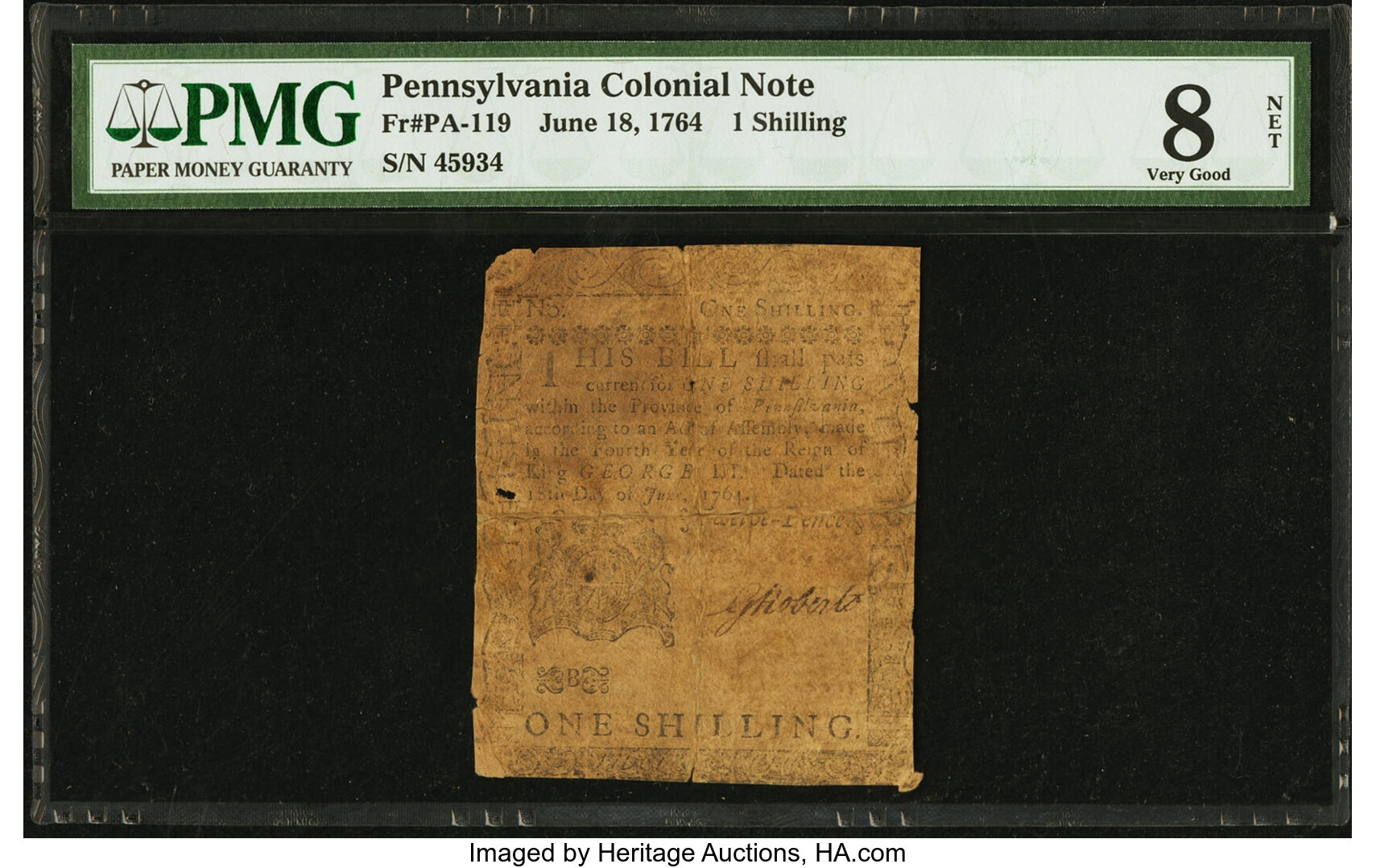 image for: Pennsylvania June 18, 1764 1s PMG Very Good 8 Net....