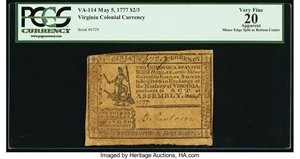 image for: Virginia May 5, 1777 $2/3 PCGS Apparent Very Fine 20....