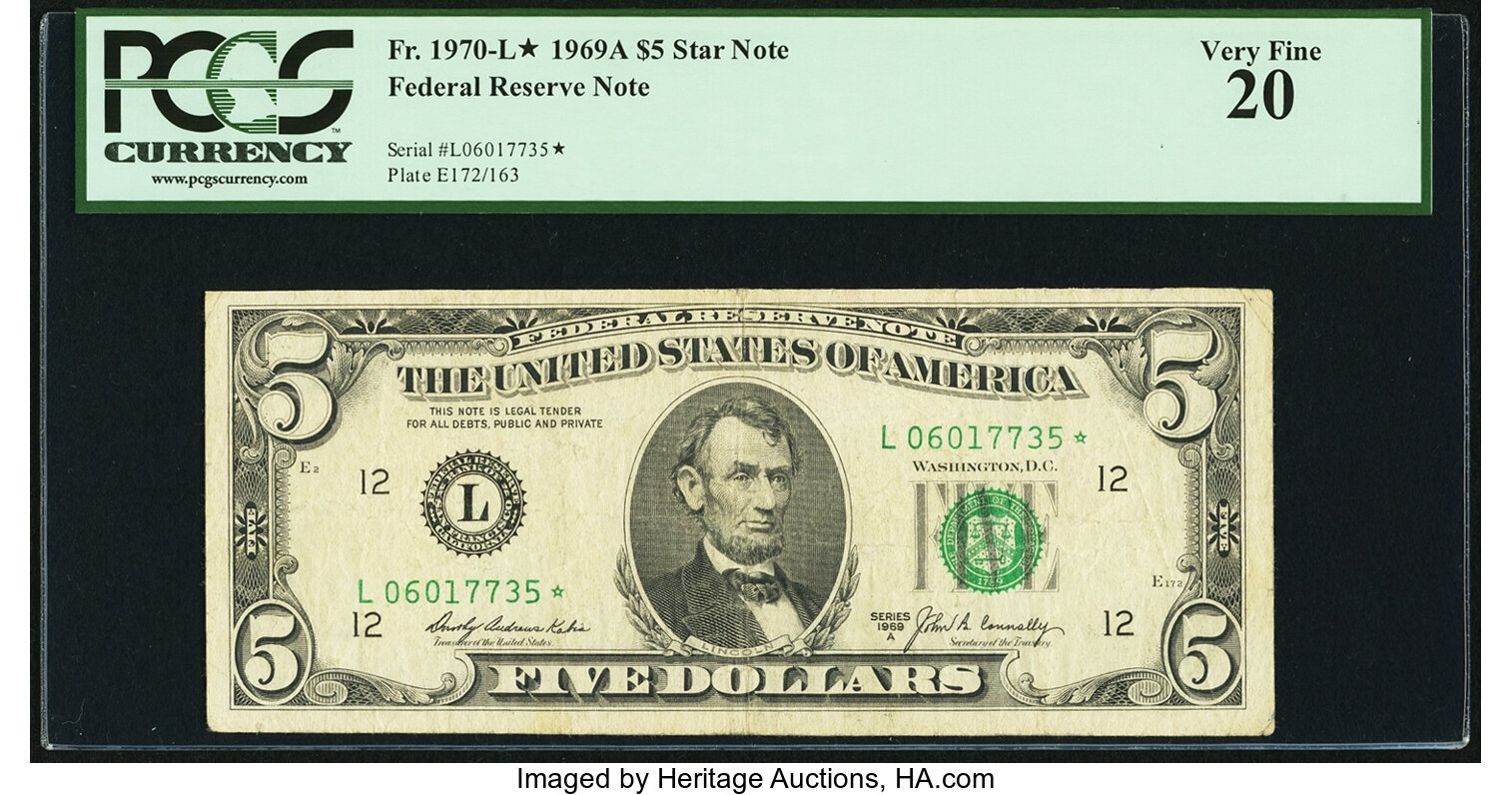 image for: Fr. 1970-L* $5 1969A Federal Reserve Star Note. PCGS Very Fine 20....
