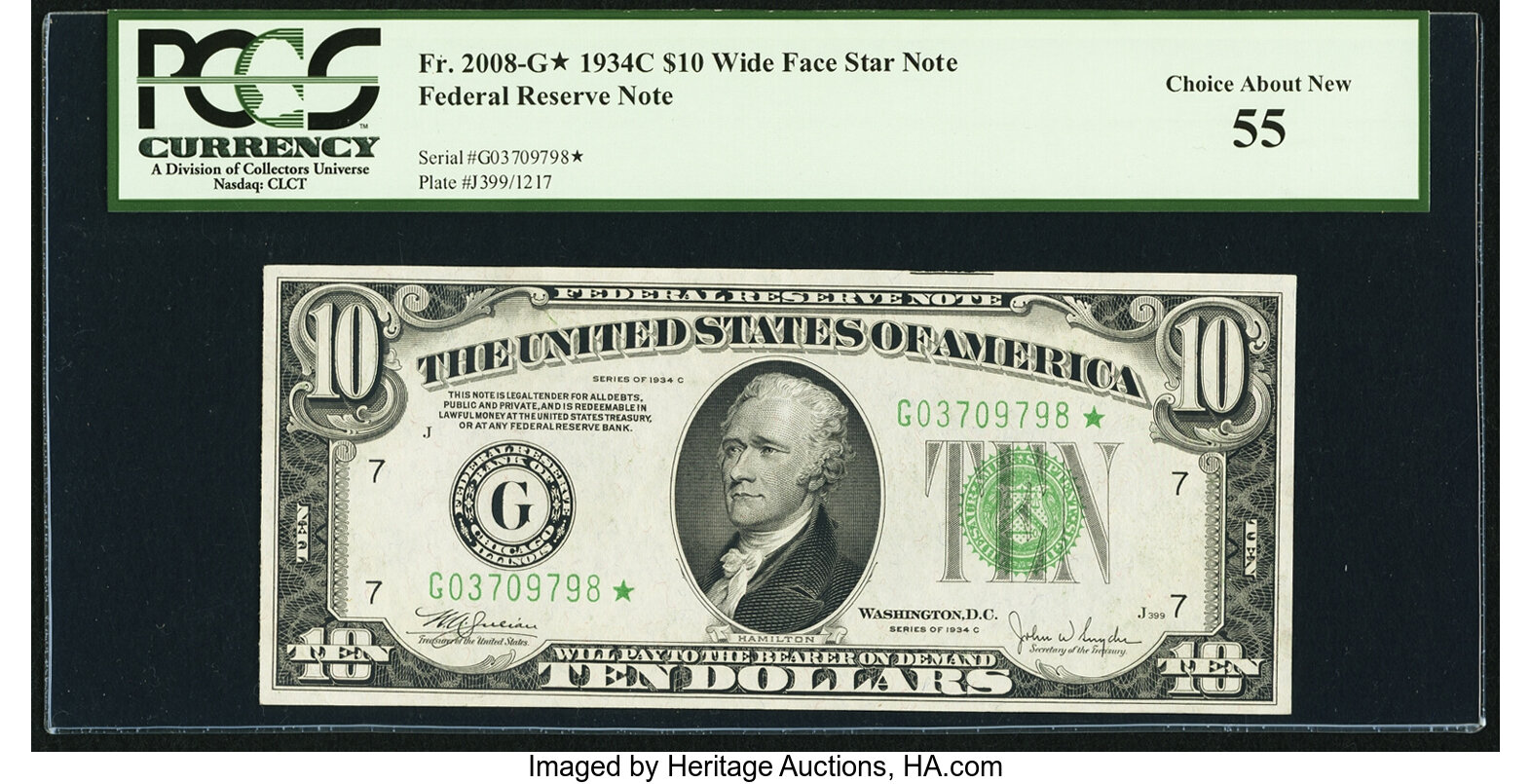 image for: Fr. 2008-G* $10 1934C Wide Federal Reserve Star Note. PCGS Choice About New 55....