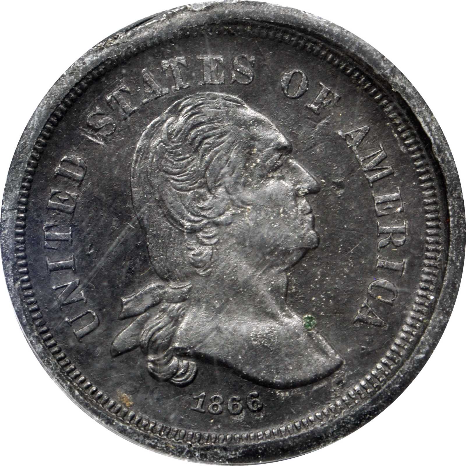 image for: 1866 Pattern Washington Five Cents. Judd-520 Restrike, Pollock-547. Rarity-8. Lead. Plain Edge. Proof-60 (PCGS). OGH.