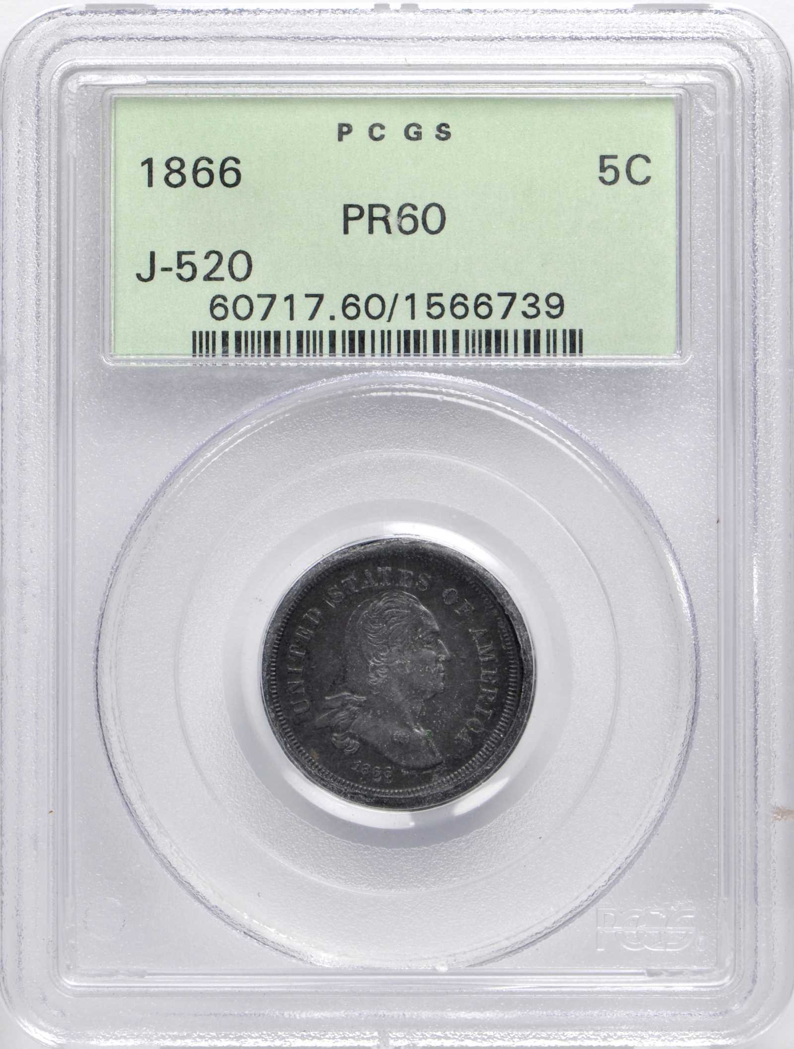 image for: 1866 Pattern Washington Five Cents. Judd-520 Restrike, Pollock-547. Rarity-8. Lead. Plain Edge. Proof-60 (PCGS). OGH.