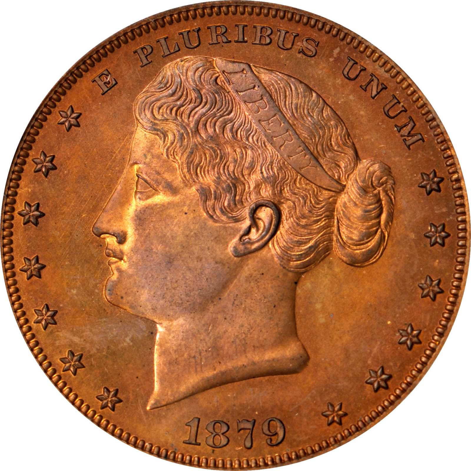 image for: 1879 Pattern Metric Dollar. Judd-1623, Pollock-1819. Rarity-7-. Copper. Reeded Edge. Proof-65 RD (PCGS).