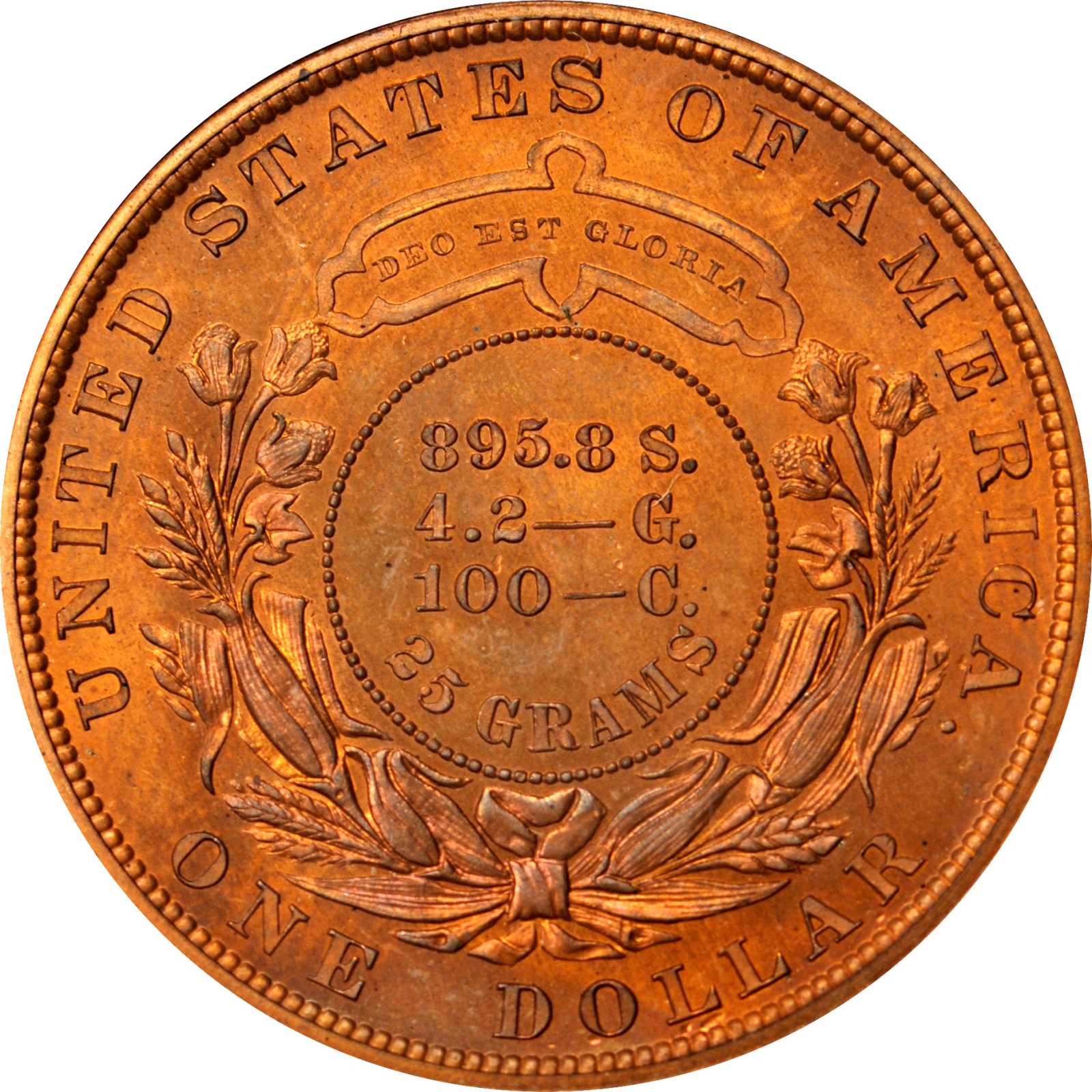 image for: 1879 Pattern Metric Dollar. Judd-1623, Pollock-1819. Rarity-7-. Copper. Reeded Edge. Proof-65 RD (PCGS).