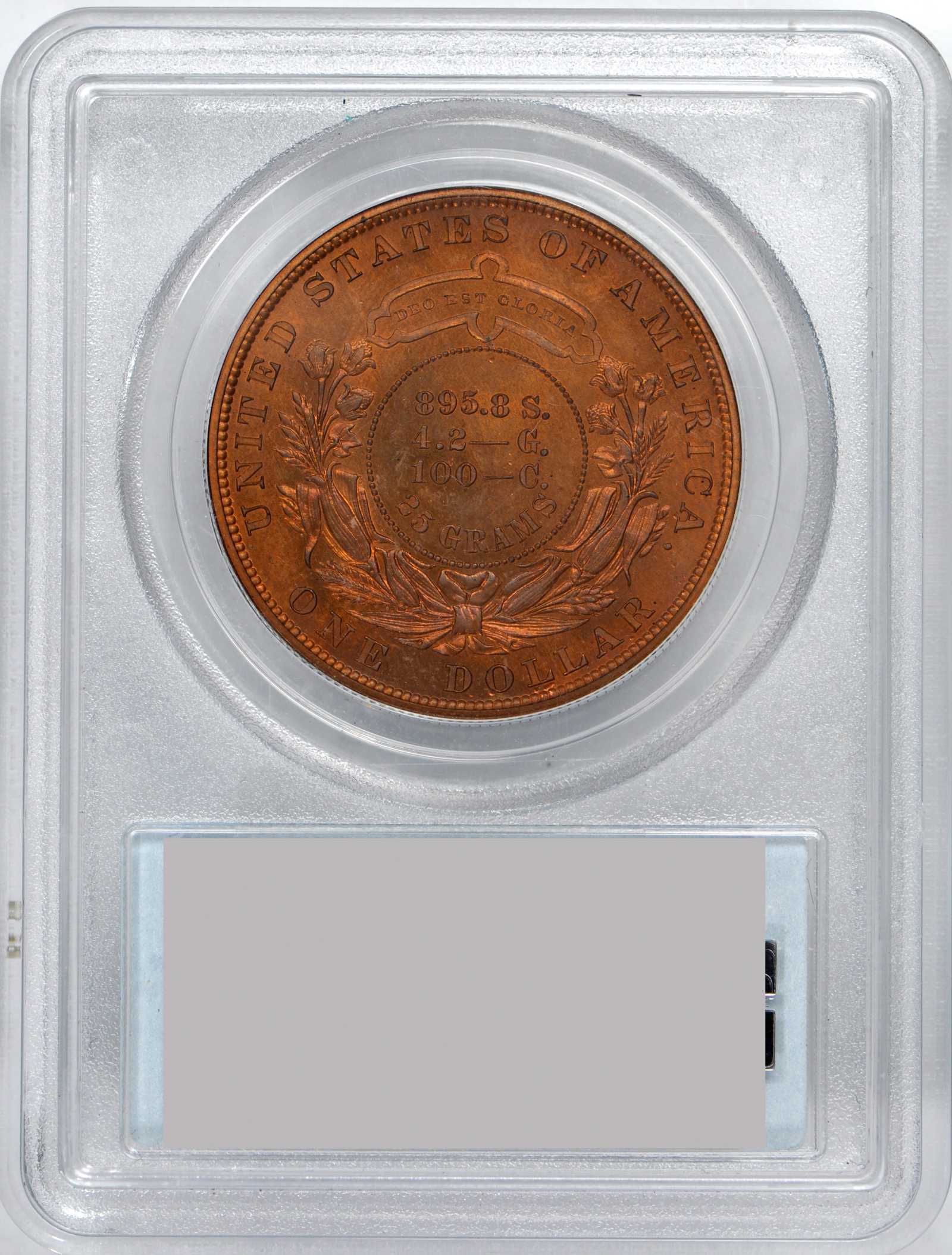 image for: 1879 Pattern Metric Dollar. Judd-1623, Pollock-1819. Rarity-7-. Copper. Reeded Edge. Proof-65 RD (PCGS).