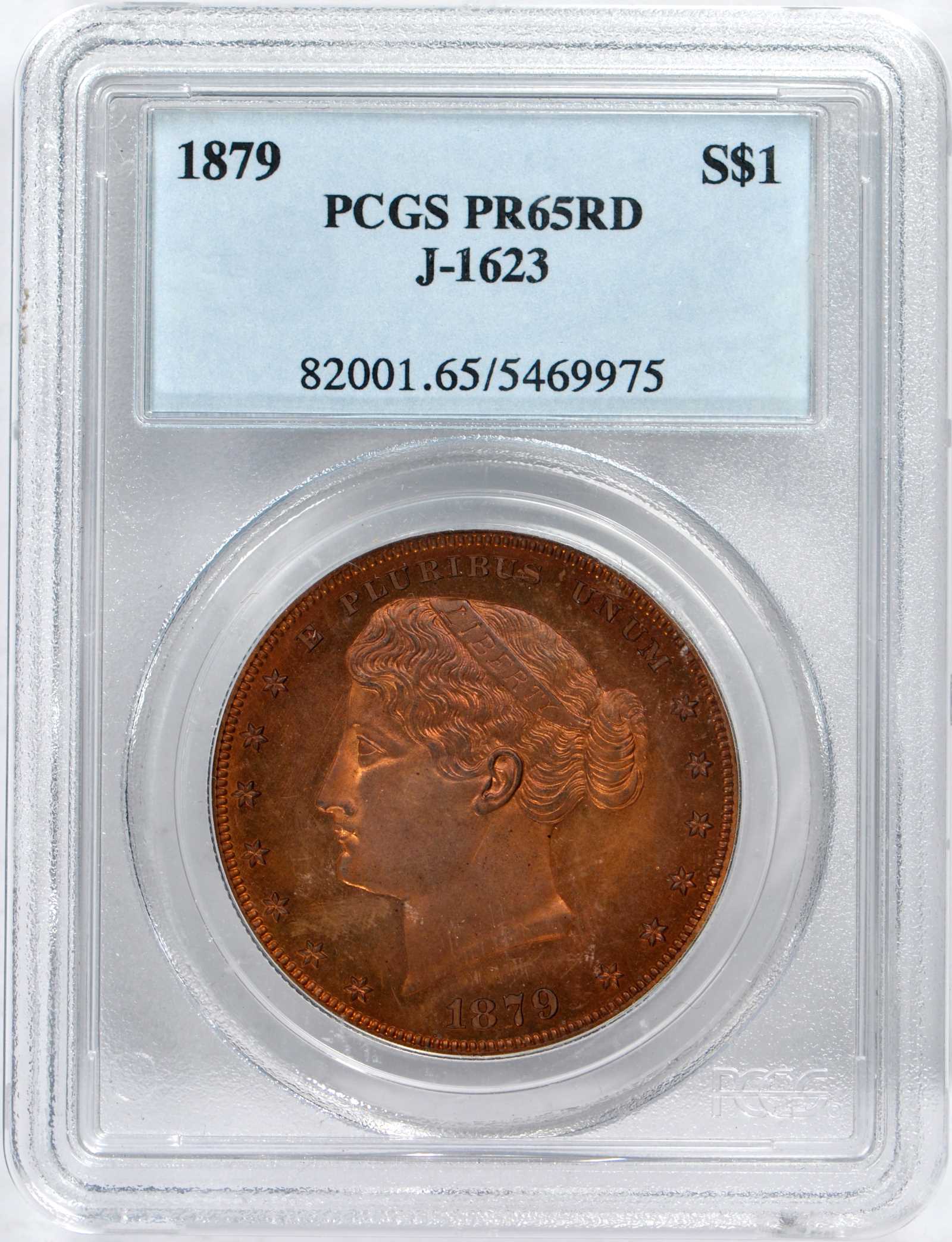 image for: 1879 Pattern Metric Dollar. Judd-1623, Pollock-1819. Rarity-7-. Copper. Reeded Edge. Proof-65 RD (PCGS).
