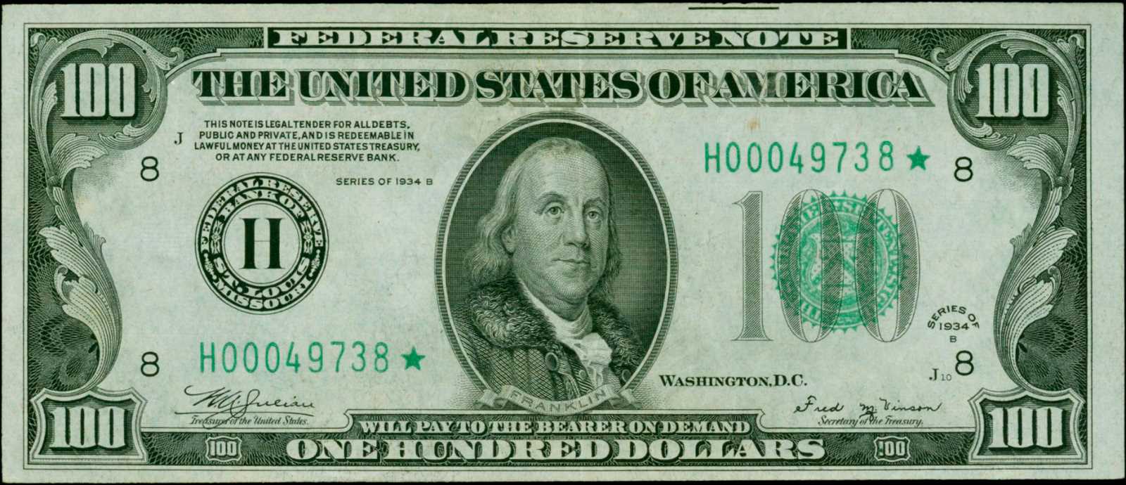 image for: Fr. 2154-H*. 1934B $100 Federal Reserve Note. St. Louis. PMG About Uncirculated 55 EPQ.