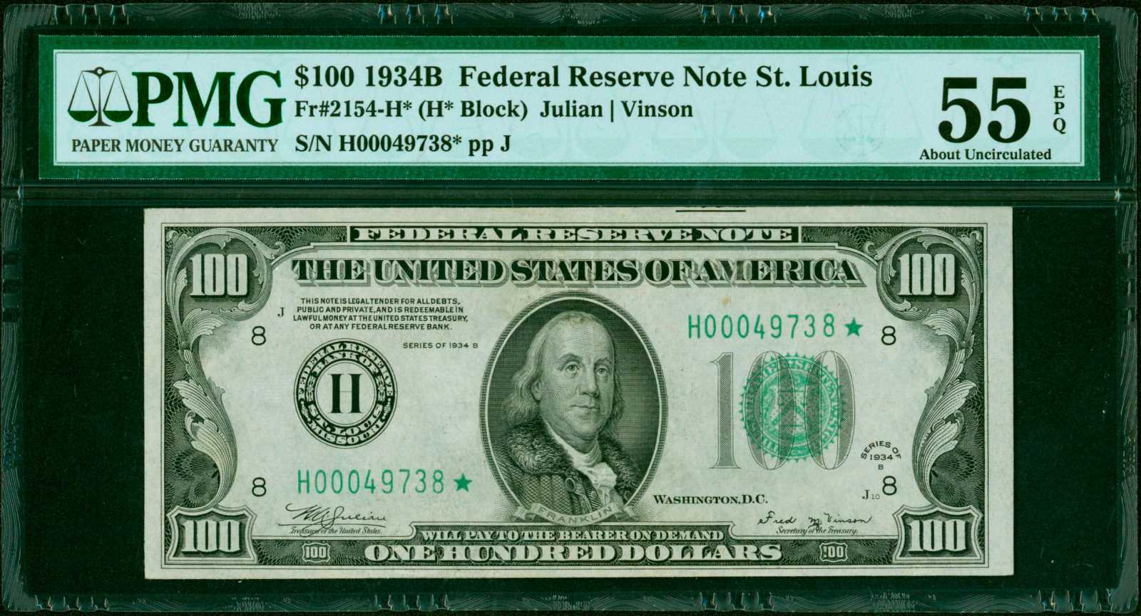 image for: Fr. 2154-H*. 1934B $100 Federal Reserve Note. St. Louis. PMG About Uncirculated 55 EPQ.